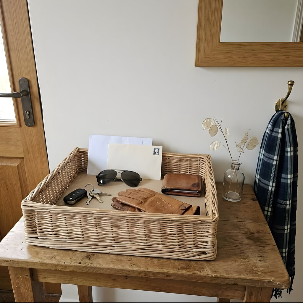 Shallow willow entryway tray on a hall table holding keys, sunglasses, a wallet, gloves and letters next to the front door