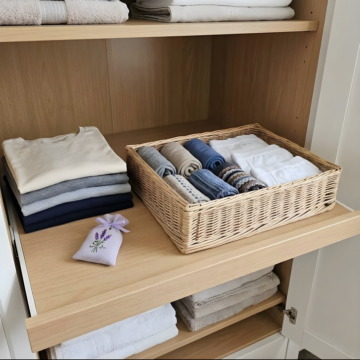 Rectangular willow closet basket with low sides organizing rolled T-shirts and socks on a wardrobe shelf next to a lavender sachet