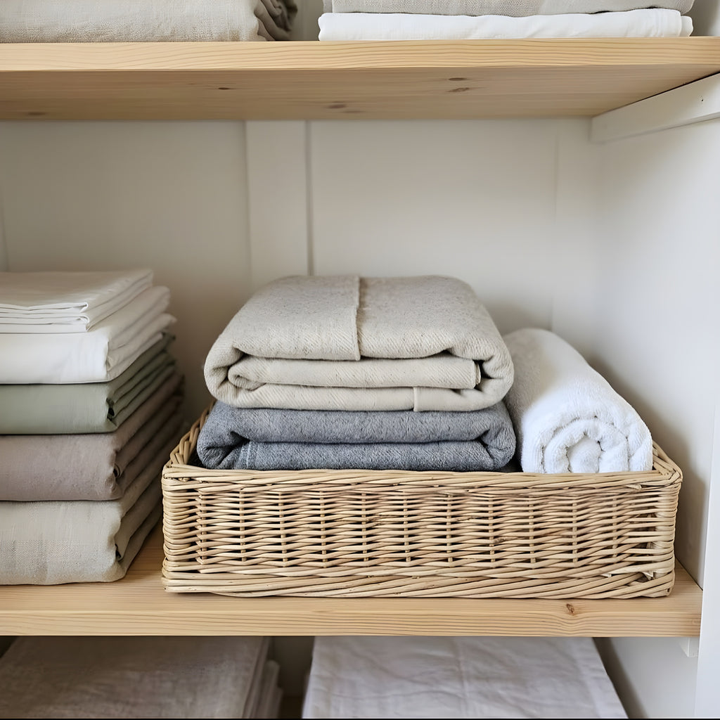 Shallow rectangular wicker storage tray with folded blankets and a rolled towel on a wooden linen shelf, beside stacks of folded sheets