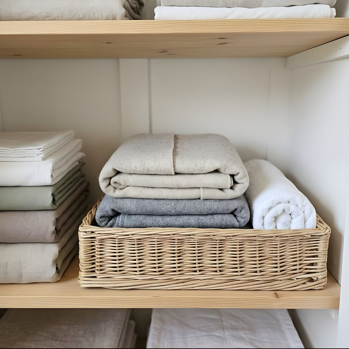 Shallow rectangular wicker storage tray with folded blankets and a rolled towel on a wooden linen shelf, beside stacks of folded sheets