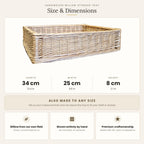 Size chart for the shallow handwoven willow storage tray showing 34 cm length, 25 cm width and 8 cm height, also made to any size