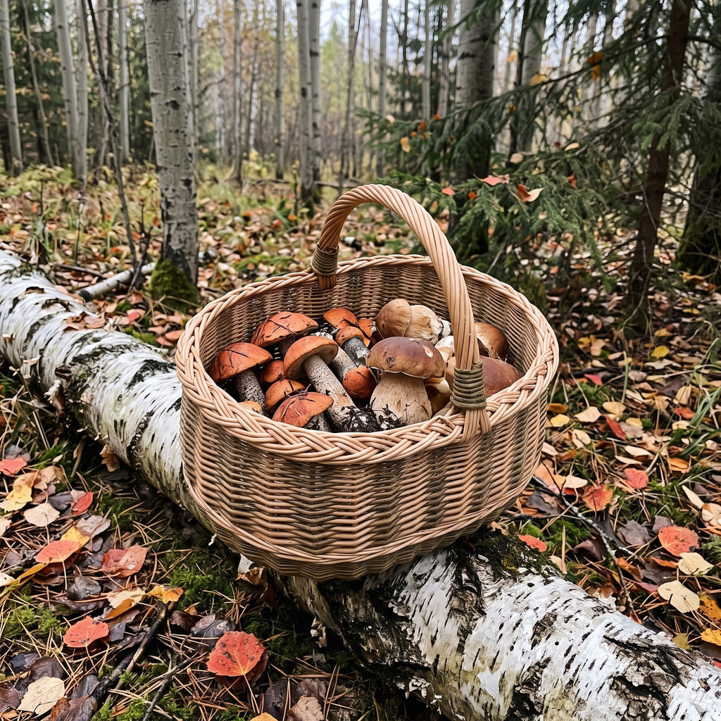 Large handwoven willow market basket full of wild forest mushrooms resting on a fallen birch log among autumn leaves.