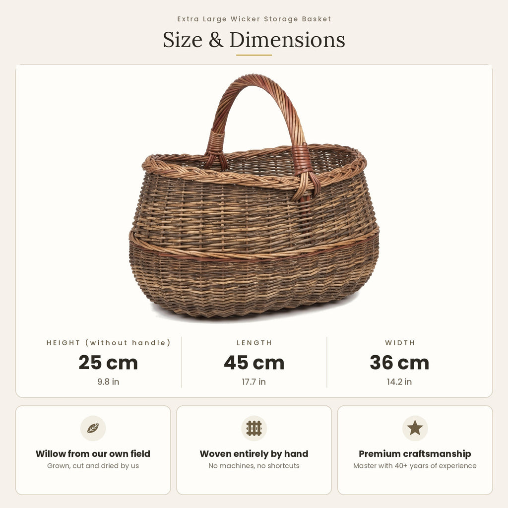 Size chart for the handwoven willow basket showing 25 cm height without handle, 45 cm length and 36 cm width.