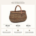 Size chart for the handwoven willow basket showing 25 cm height without handle, 45 cm length and 36 cm width.