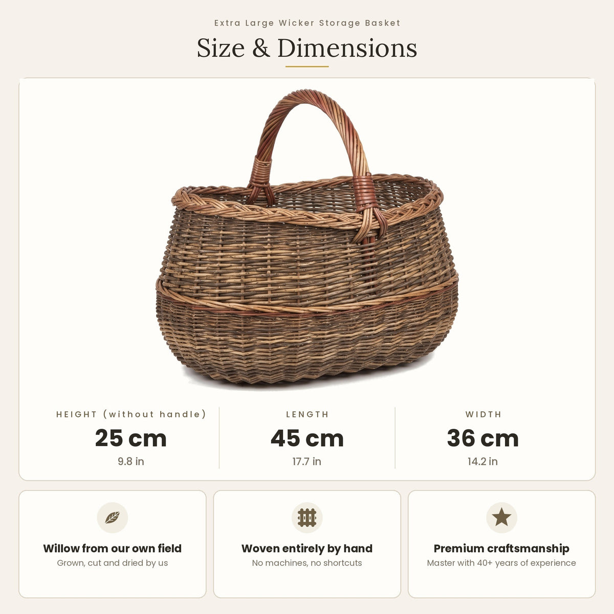Size chart for the handwoven willow basket showing 25 cm height without handle, 45 cm length and 36 cm width.