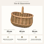 Size chart for the large wicker market basket showing 25 cm height without handle, 45 cm length and 36 cm width.