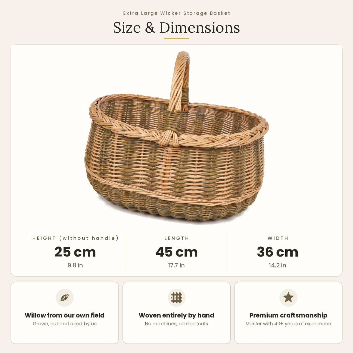 Size chart for the large wicker market basket showing 25 cm height without handle, 45 cm length and 36 cm width.