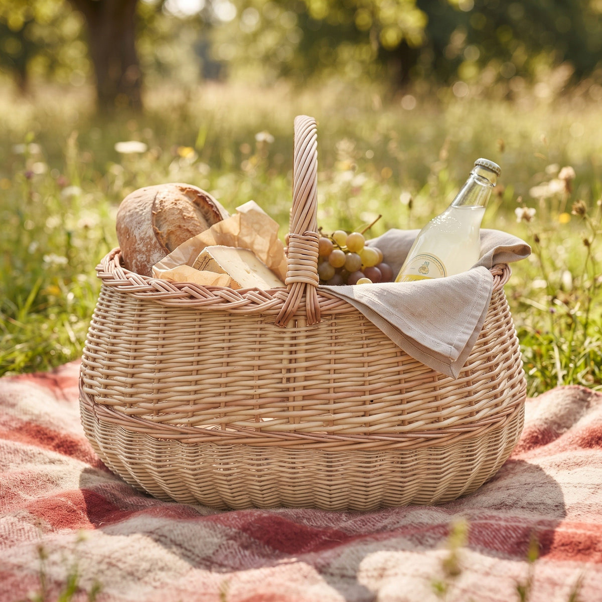 Large willow market basket used as a picnic basket with bread, grapes, a bottle and a linen napkin on a checked blanket in a summer meadow.