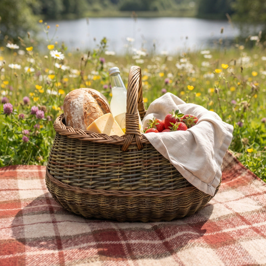 Oval willow basket with a braided rim packed with bread, cheese, strawberries and a bottle on a checked blanket in a lakeside meadow.