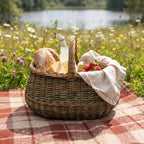 Oval willow basket with a braided rim packed with bread, cheese, strawberries and a bottle on a checked blanket in a lakeside meadow.
