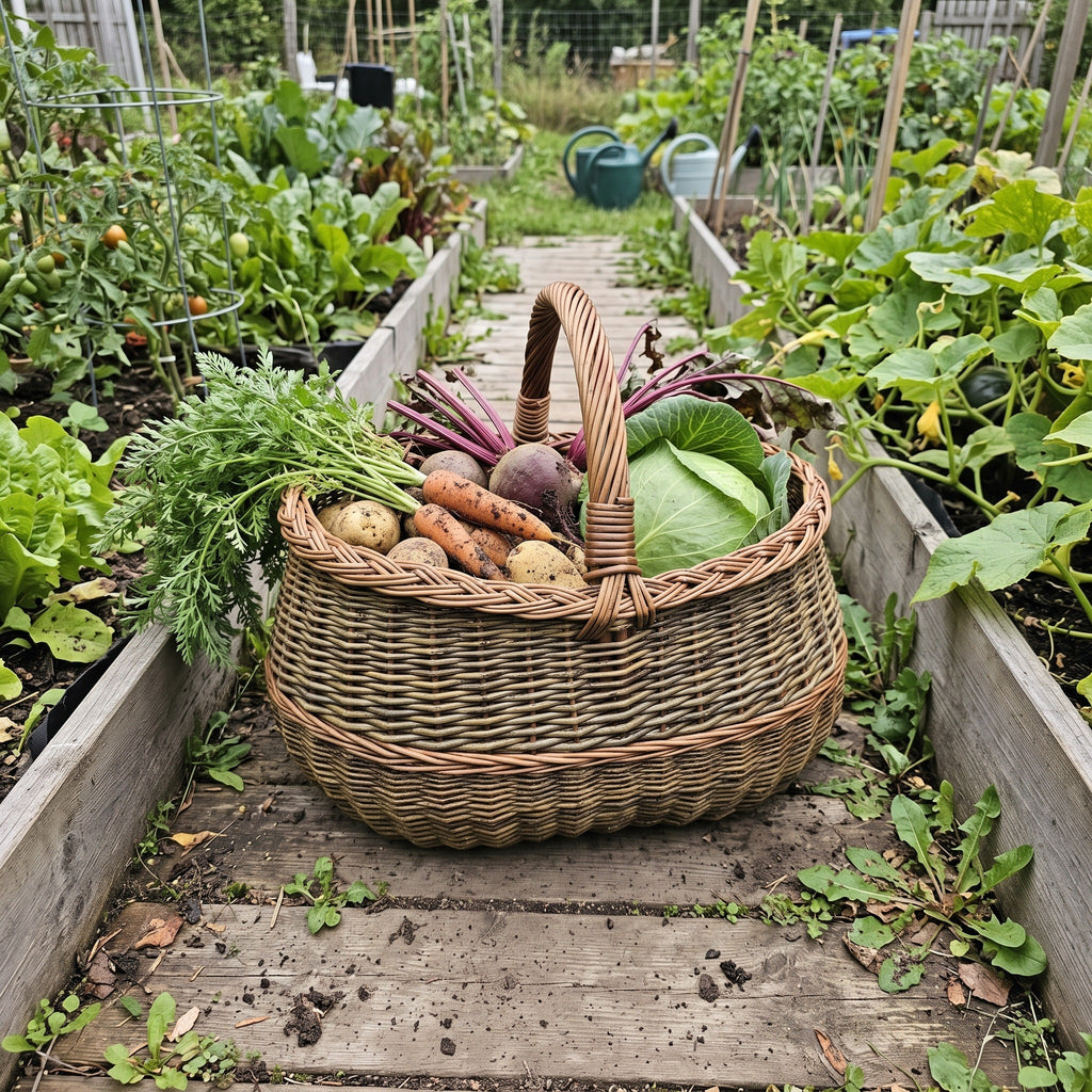 Handwoven wicker harvest basket filled with carrots, beetroot, potatoes and a cabbage on a wooden path between raised vegetable beds.