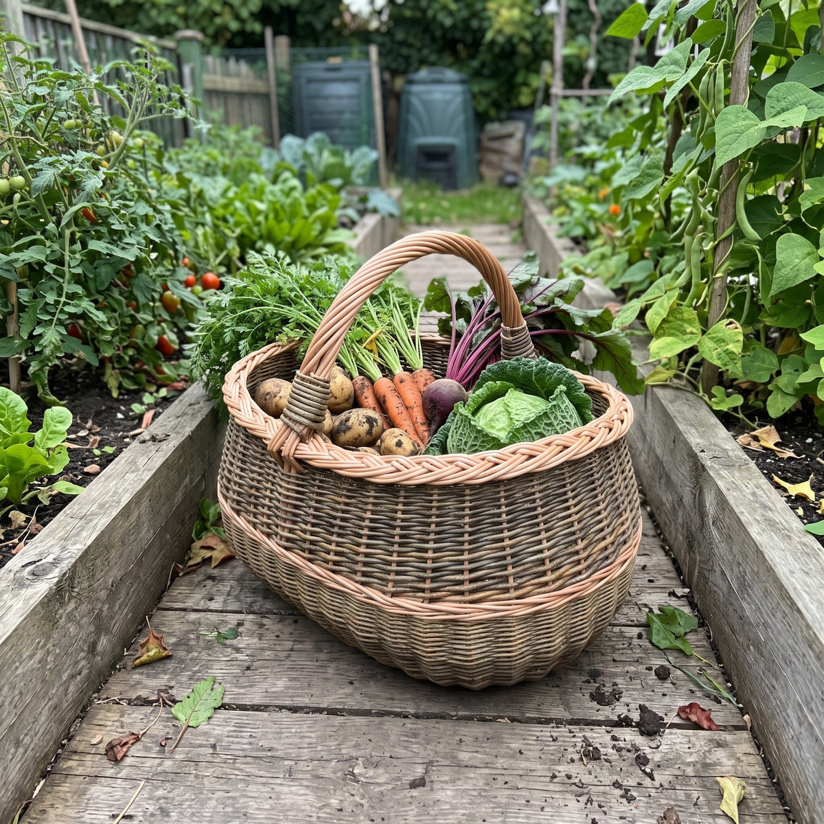 Large wicker harvest basket full of potatoes, carrots, beetroot and cabbage on a wooden path between raised vegetable beds.