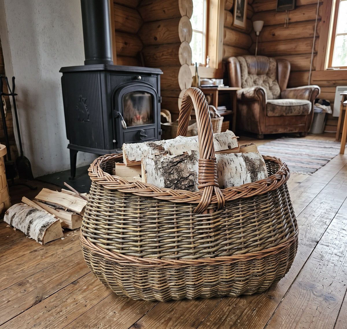 Large willow basket with a tall handle holding split birch logs on a plank floor in a log cabin living room with a wood stove.