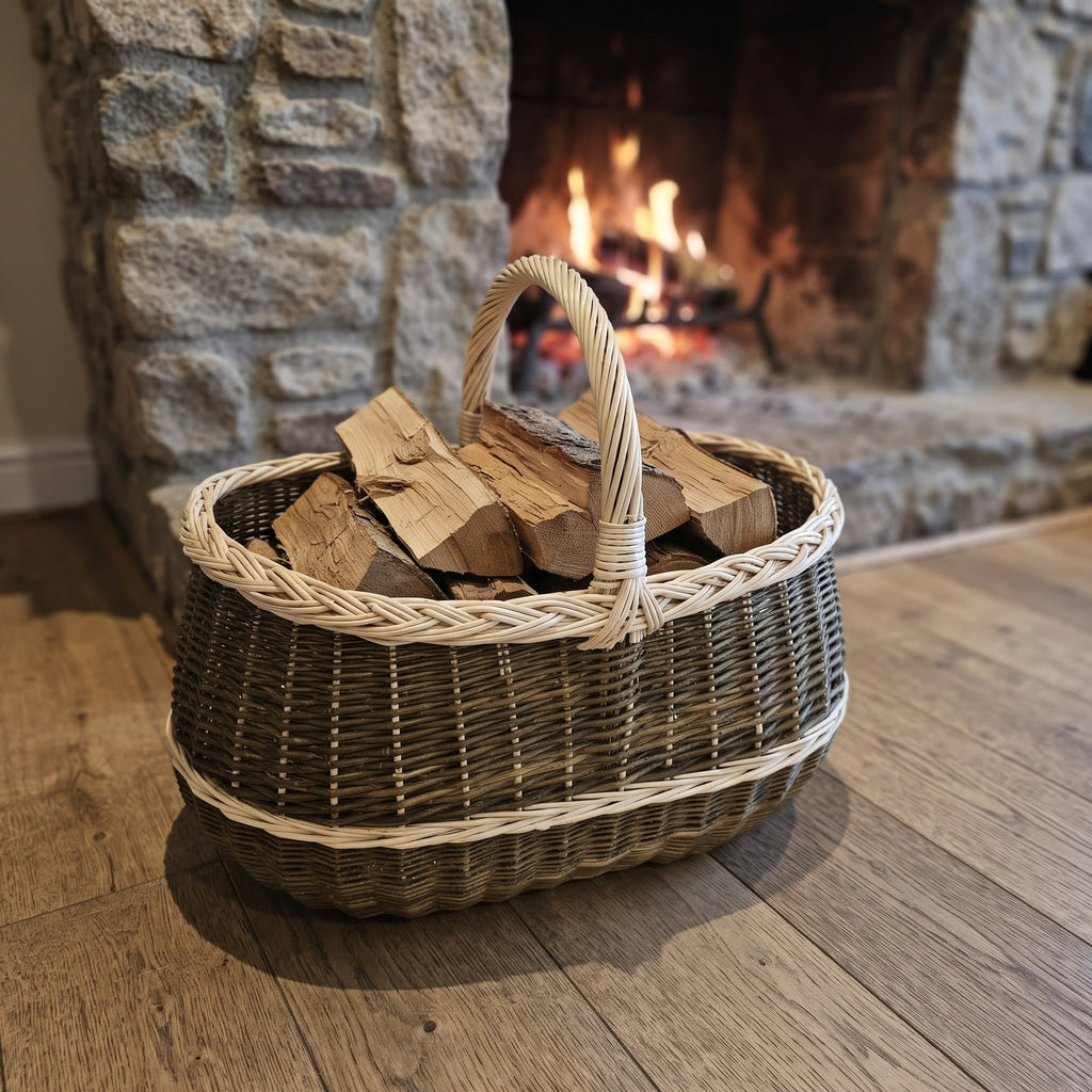 Large wicker market basket with handle used as a firewood basket, filled with split logs on a wooden floor in front of a stone fireplace.