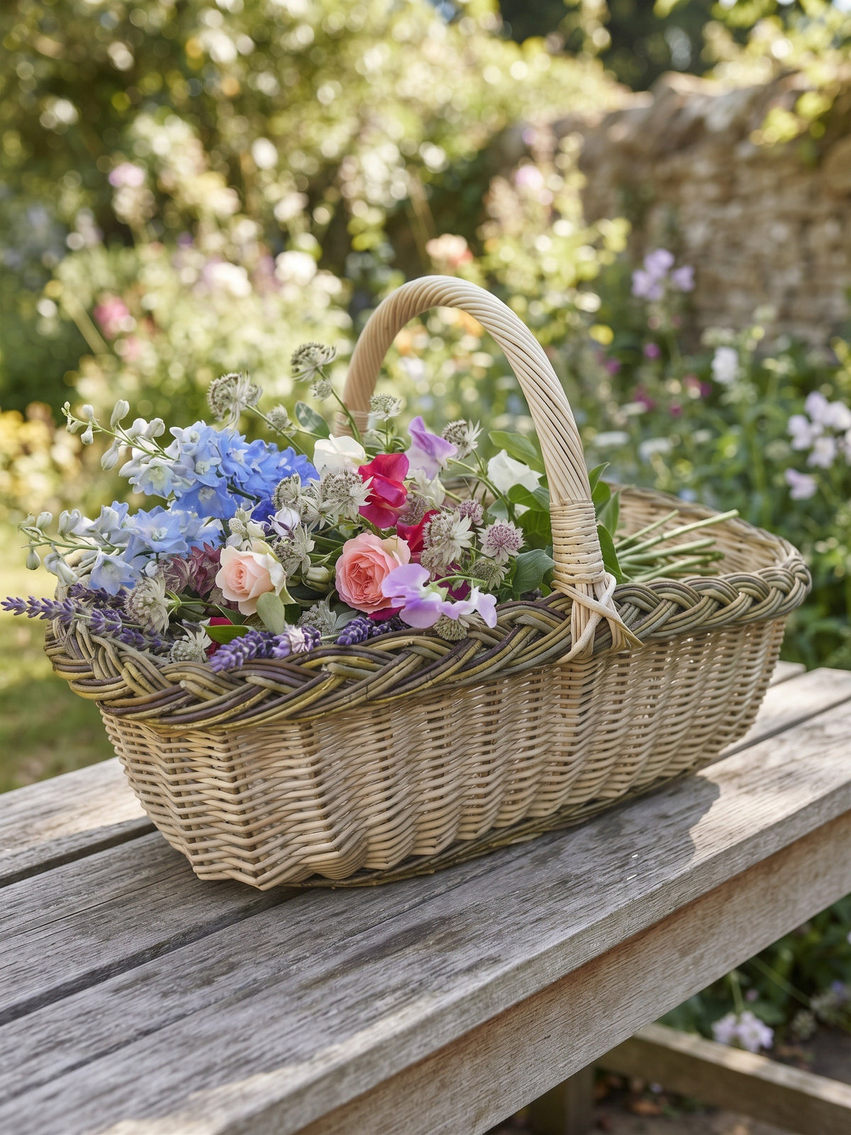 Wicker foraging basket with arched handle filled with a bouquet of garden flowers on a weathered wooden bench in a cottage garden