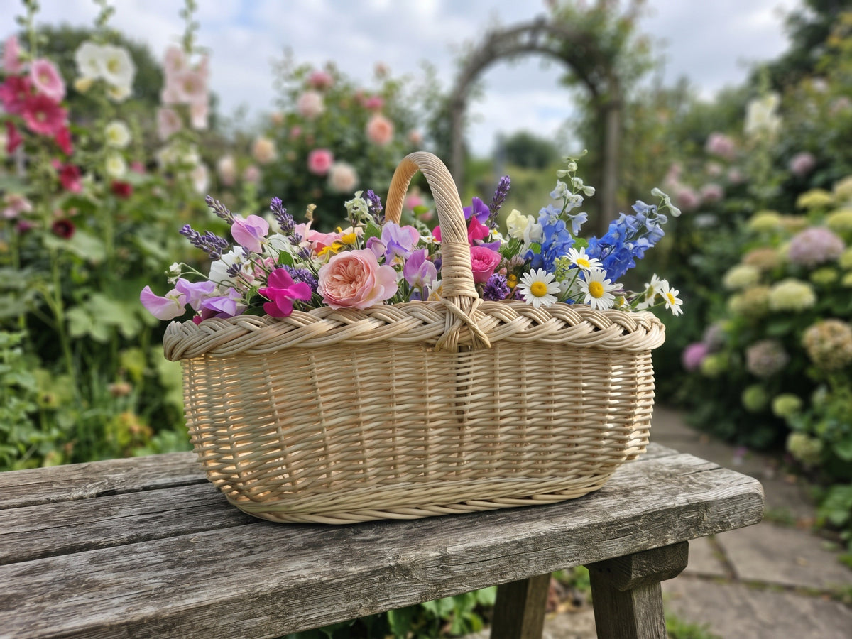 Flacher Erntekorb mit gedrehtem Henkel voller Rosen, Margeriten und Rittersporn auf einer Gartenbank zwischen Blumenbeeten