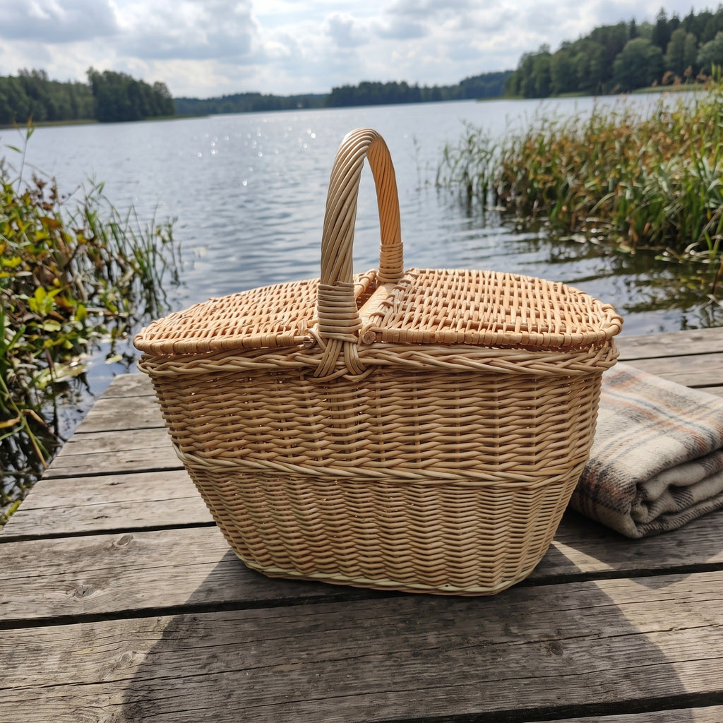 Ovaler Picknickkorb aus Weide mit Doppeldeckel und Bügelhenkel, geschlossen auf einem Holzsteg am See neben einer Wolldecke