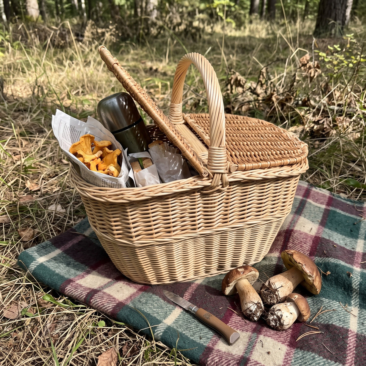 Weidenkorb mit Deckel und Henkel auf einer karierten Decke im Wald, eine Deckelhälfte offen, darin Pfifferlinge, eine Thermoskanne und Brot
