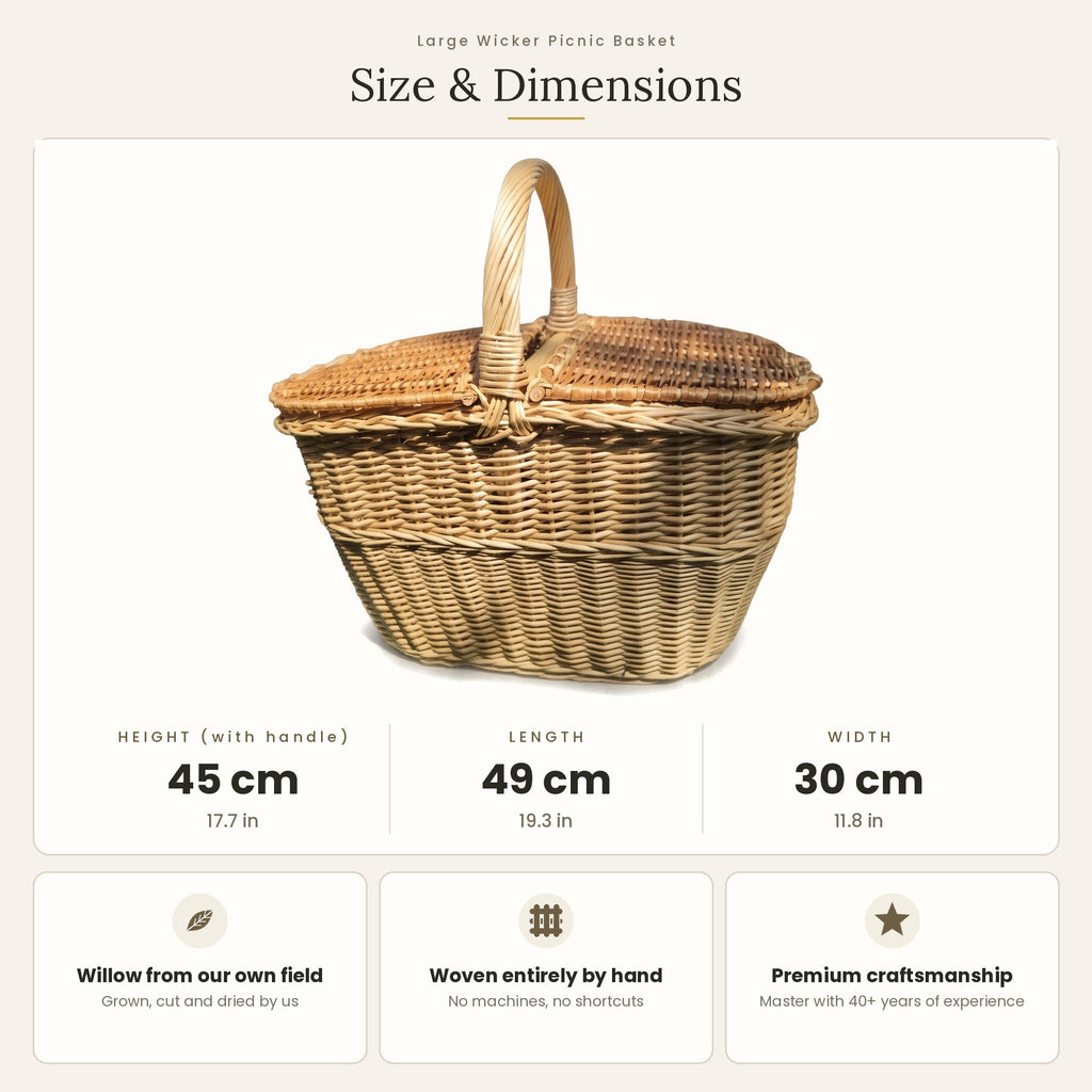 Maße des großen Picknickkorbs mit Deckel: Höhe mit Henkel 45 cm, Länge 49 cm, Breite 30 cm