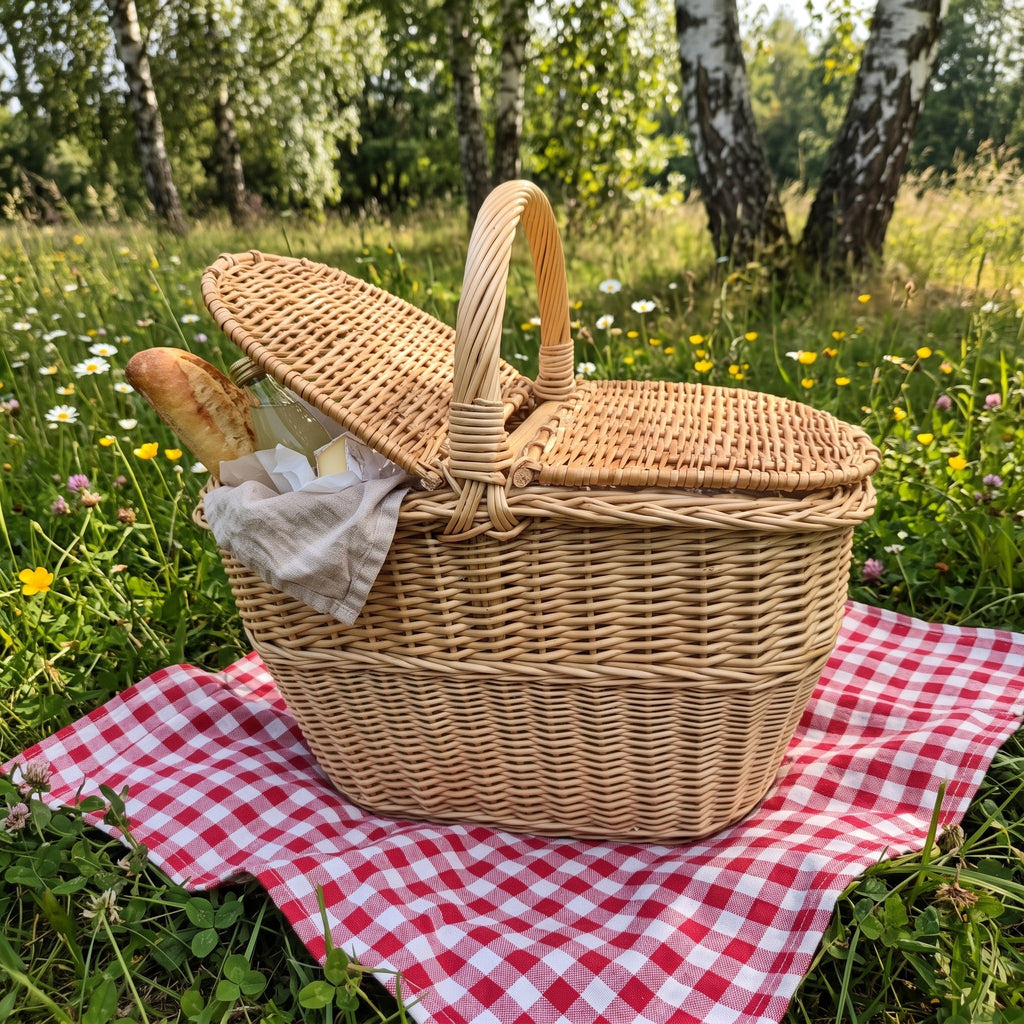 Picknickkorb aus Weide mit halb geöffnetem Klappdeckel, darin Baguette und Serviette, auf einem rot-weiß karierten Tuch auf der Sommerwiese