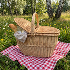 Picknickkorb aus Weide mit halb geöffnetem Klappdeckel, darin Baguette und Serviette, auf einem rot-weiß karierten Tuch auf der Sommerwiese