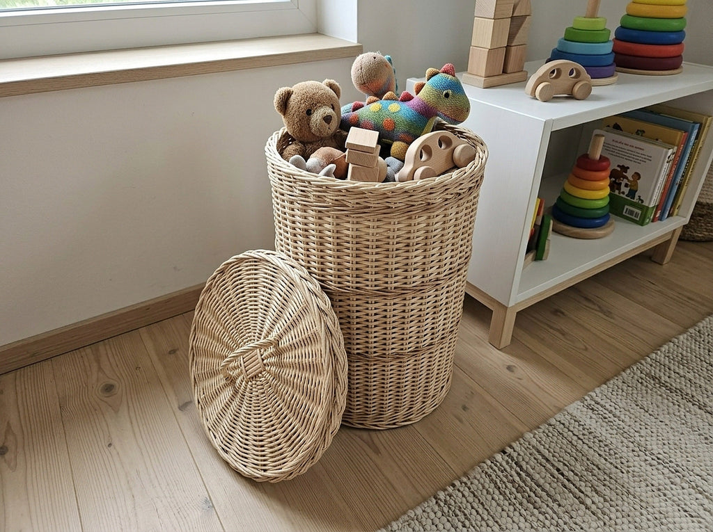 Round handwoven willow basket with lid used as toy storage, filled with a teddy bear and wooden toys in a child's room