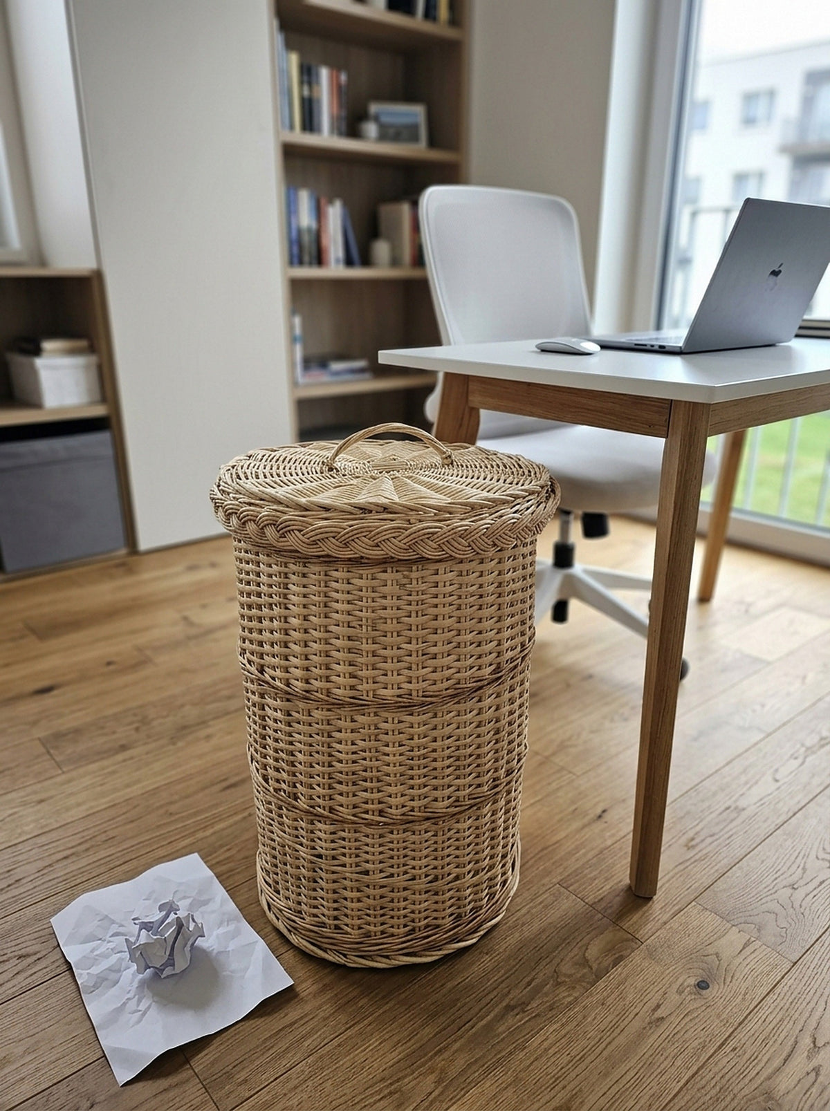Round wicker trash can with lid standing beside a desk in a bright home office, with a crumpled paper on the floor