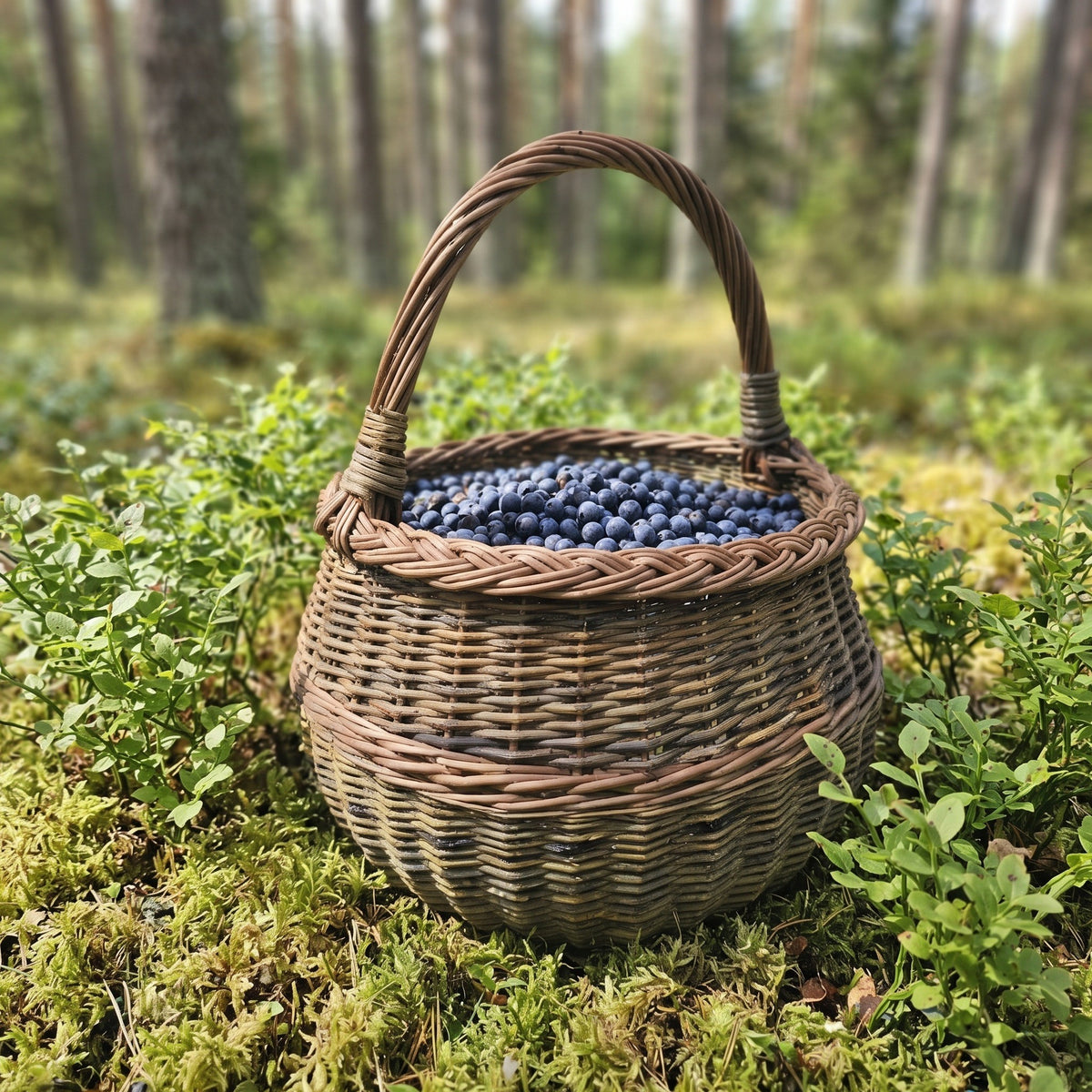 Small round willow basket with handle filled with fresh blueberries, standing on moss among bilberry bushes in a pine forest