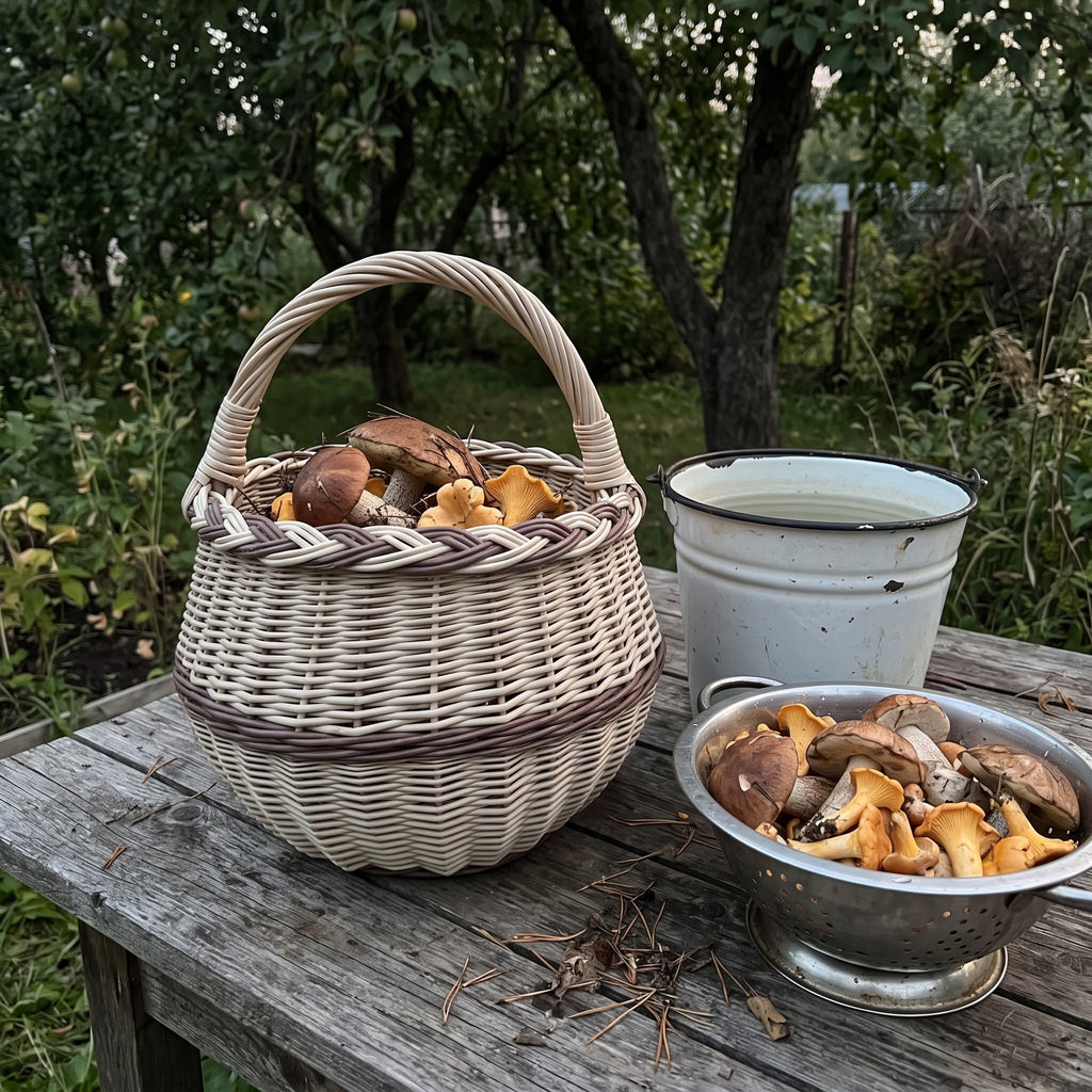 Round mushroom foraging basket with handle full of boletes and chanterelles on a garden table beside an enamel pail and colander