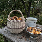 Round mushroom foraging basket with handle full of boletes and chanterelles on a garden table beside an enamel pail and colander