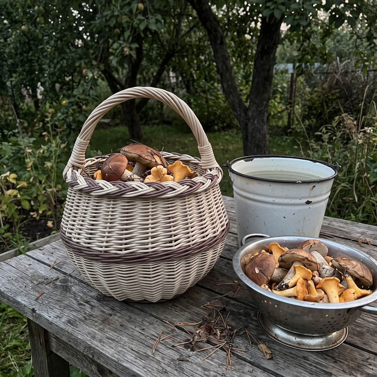 Round mushroom foraging basket with handle full of boletes and chanterelles on a garden table beside an enamel pail and colander