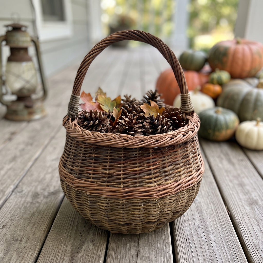 Round handwoven wicker basket with a braided rim holding pine cones and autumn leaves on a wooden porch beside pumpkins and a lantern