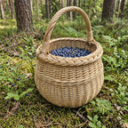 Handwoven willow mushroom foraging basket with braided rim filled with wild blueberries on the forest floor among pines