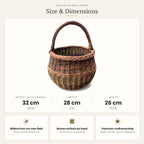 Size chart for the small round basket with handle showing 32 cm height with handle, 28 cm length and 26 cm width
