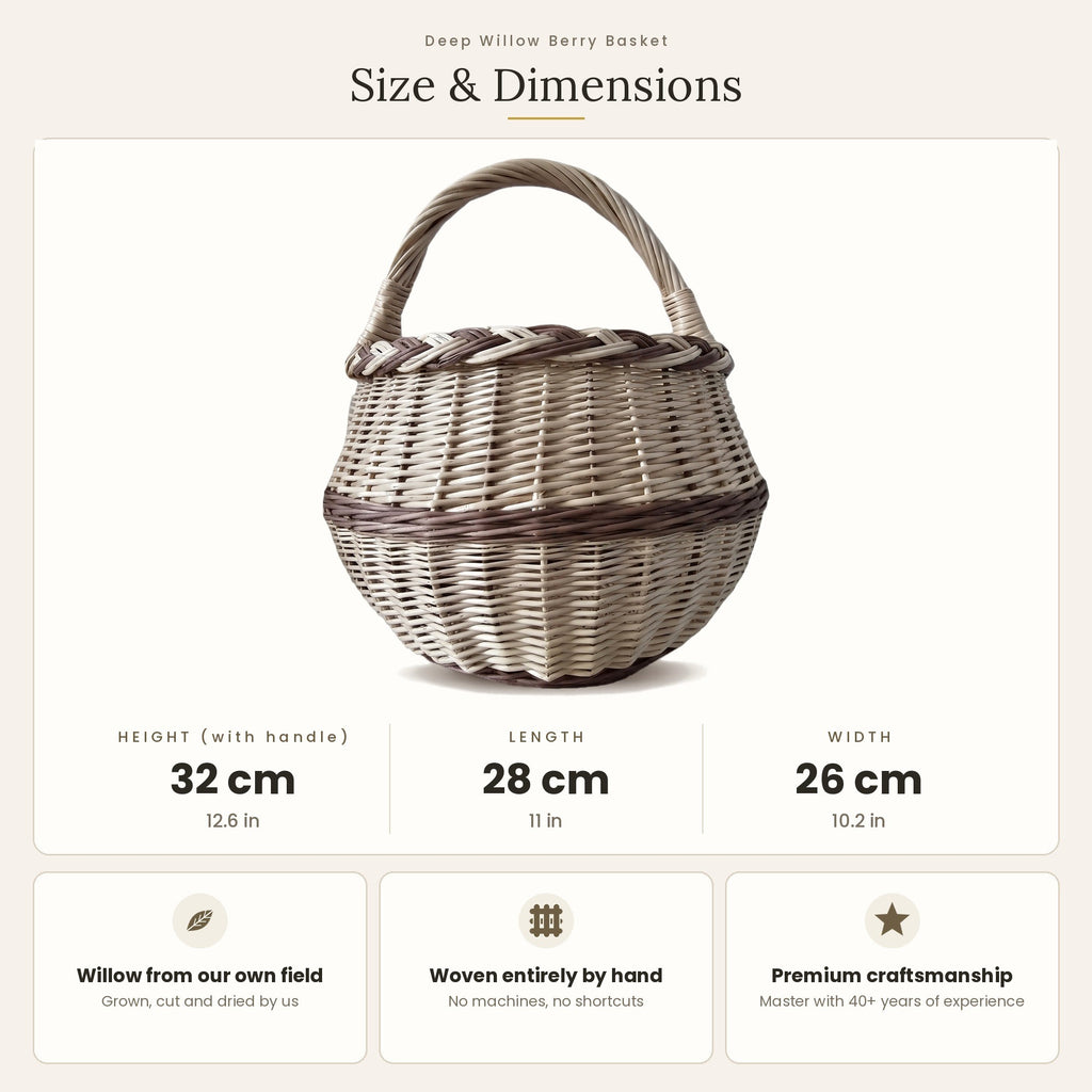 Size chart for the round willow mushroom foraging basket showing 32 cm height with handle, 28 cm length and 26 cm width