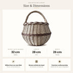 Size chart for the round willow mushroom foraging basket showing 32 cm height with handle, 28 cm length and 26 cm width