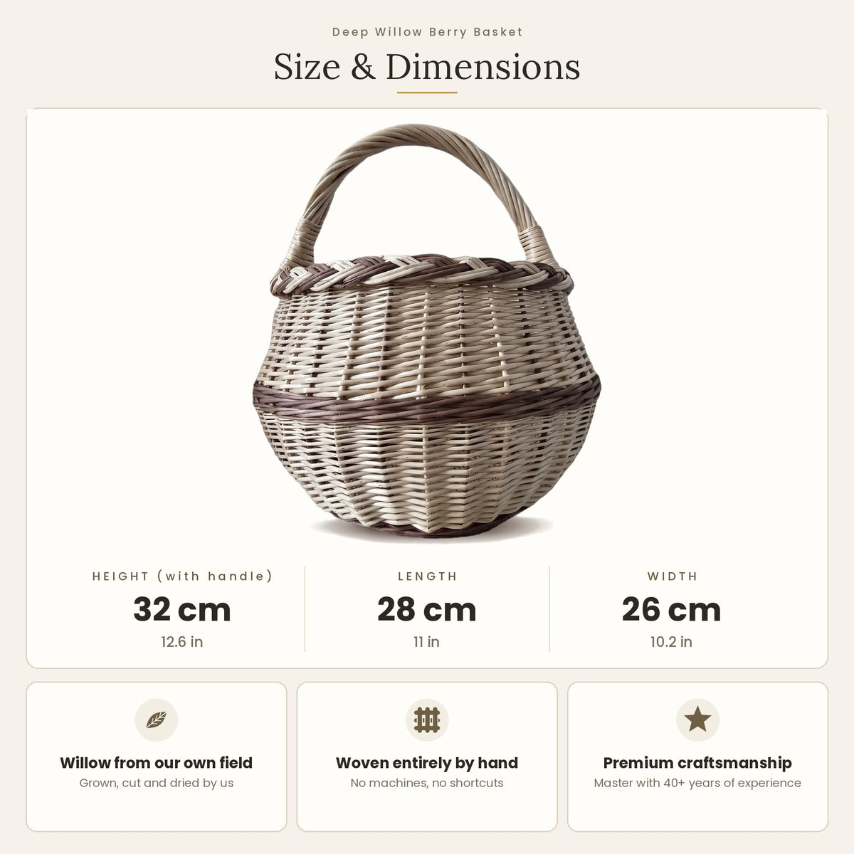 Size chart for the round willow mushroom foraging basket showing 32 cm height with handle, 28 cm length and 26 cm width