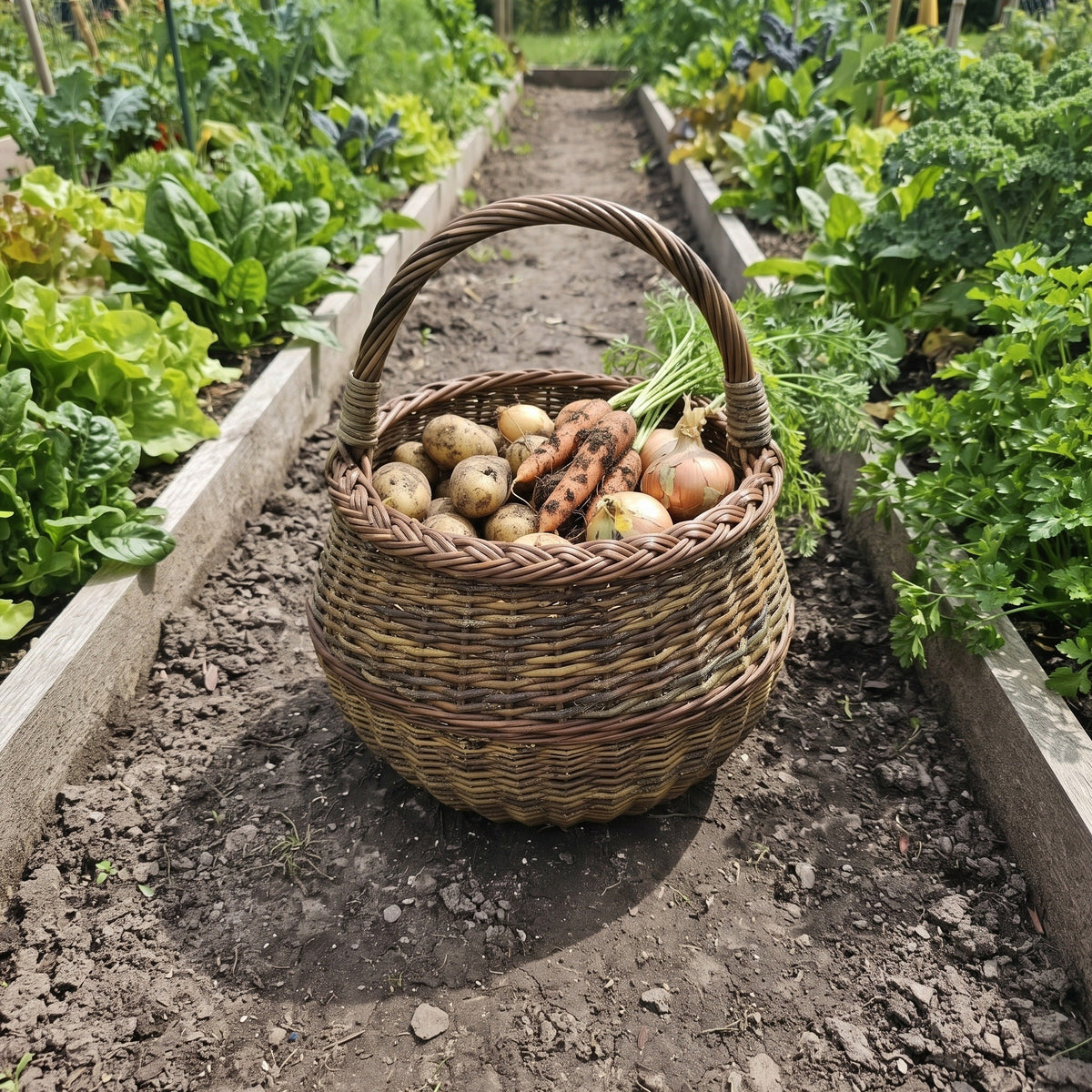 Small round wicker basket with handle full of potatoes, carrots and onions on the path between raised vegetable garden beds