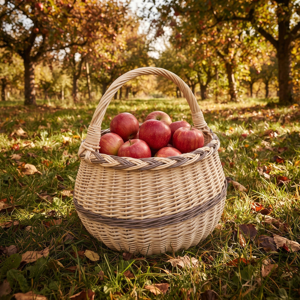 Round wicker gathering basket with handle full of red apples on fallen leaves in a sunlit autumn orchard