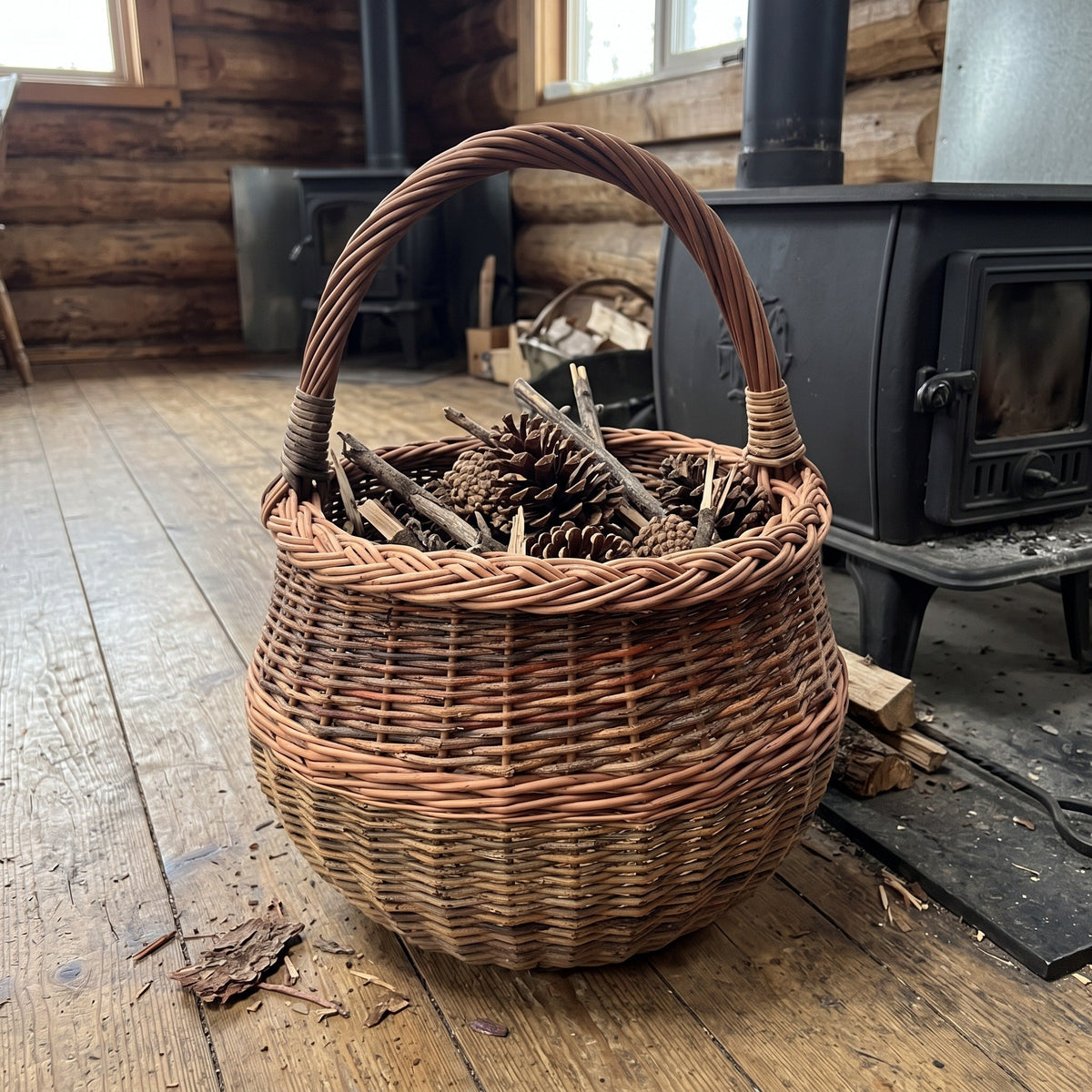 Round willow gathering basket with an arched handle filled with kindling and pine cones beside a cast iron stove in a log cabin