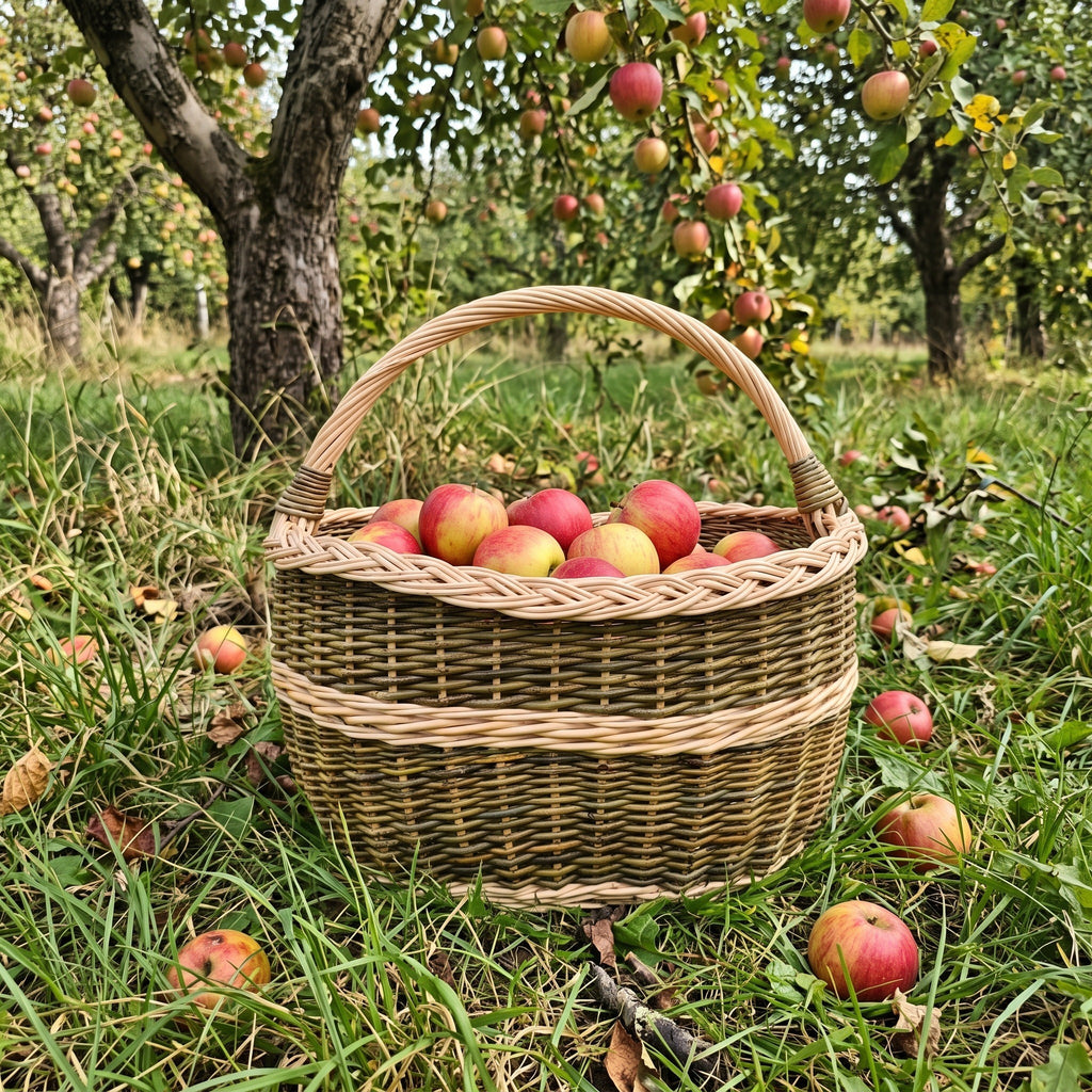 Oval apple harvest basket with handle, handwoven from willow and filled with freshly picked apples on the grass under apple trees in an orchard.