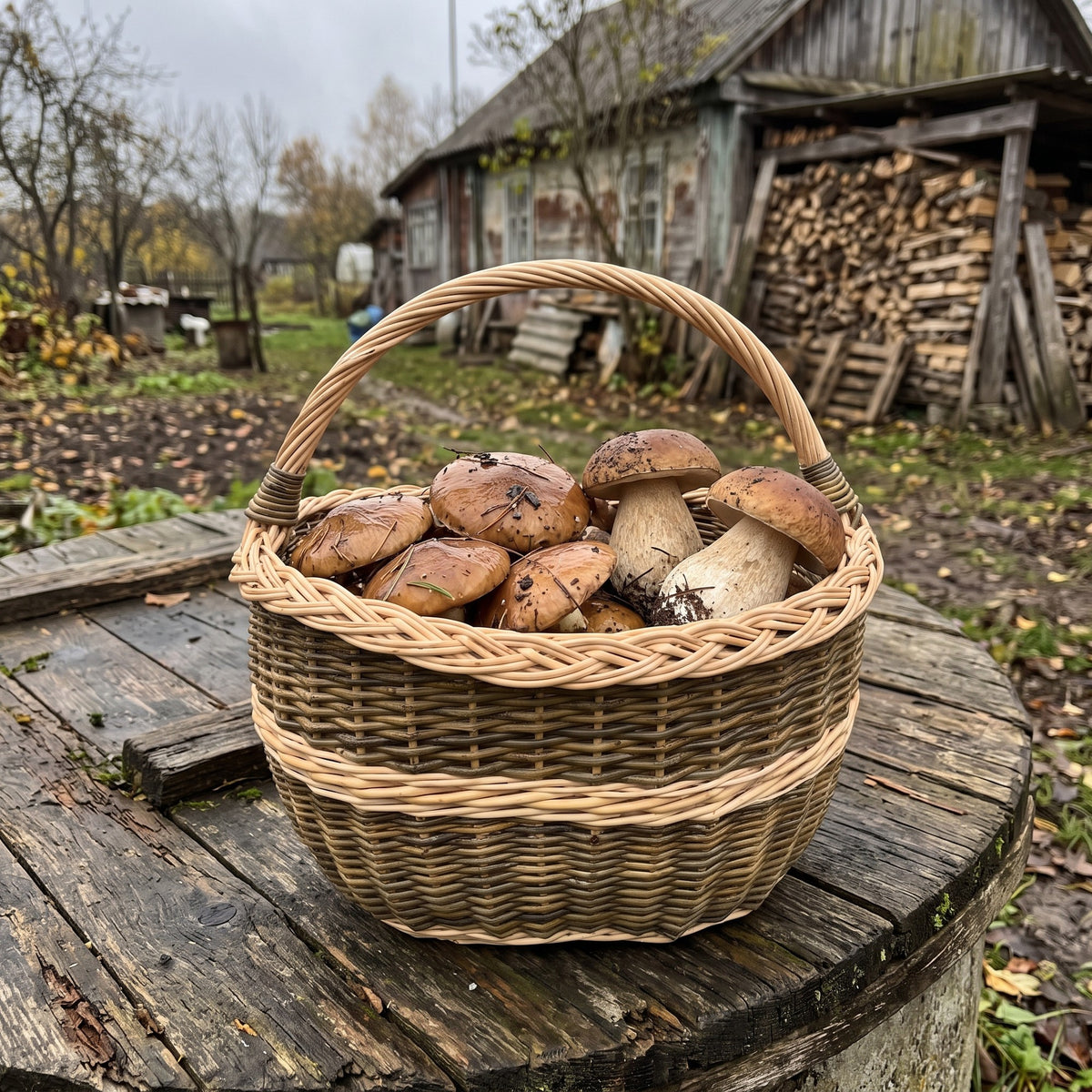 Handwoven willow harvest basket full of wild porcini mushrooms on an old cable drum table in a farmyard beside a wooden barn and log pile.
