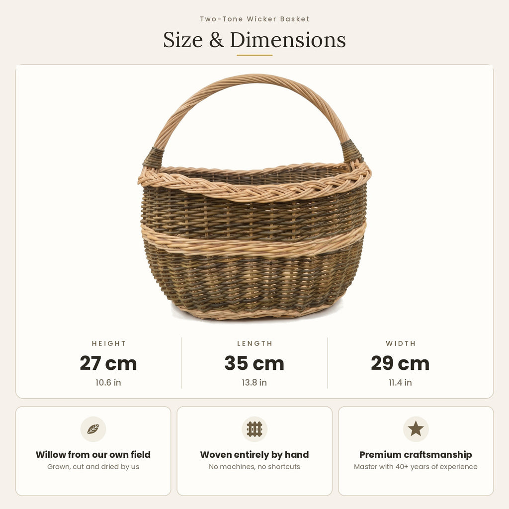 Size chart for the oval willow harvest basket showing 27 cm height, 35 cm length and 29 cm width, with notes on willow grown and woven by hand.