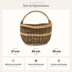 Size chart for the oval willow harvest basket showing 27 cm height, 35 cm length and 29 cm width, with notes on willow grown and woven by hand.