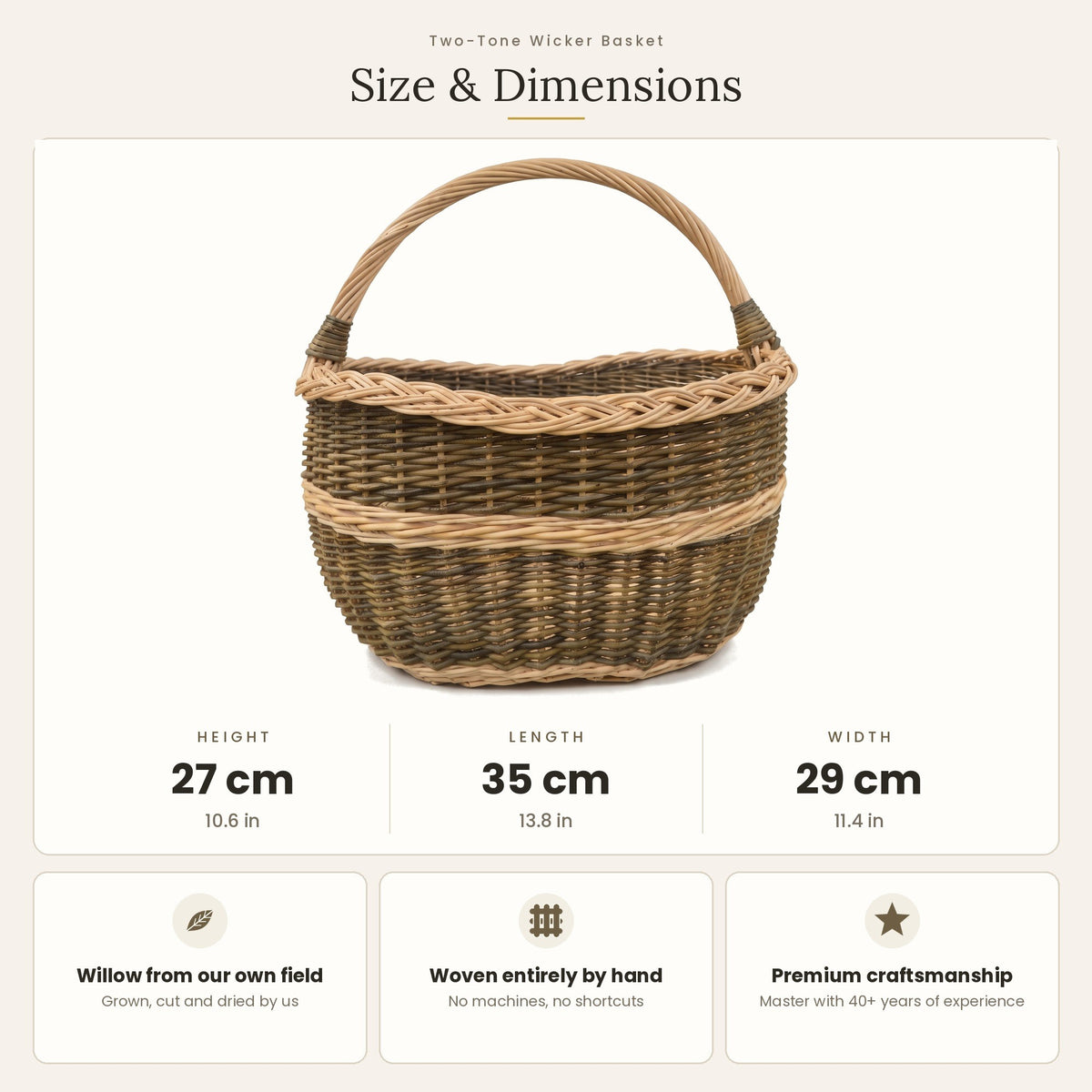 Size chart for the oval willow harvest basket showing 27 cm height, 35 cm length and 29 cm width, with notes on willow grown and woven by hand.