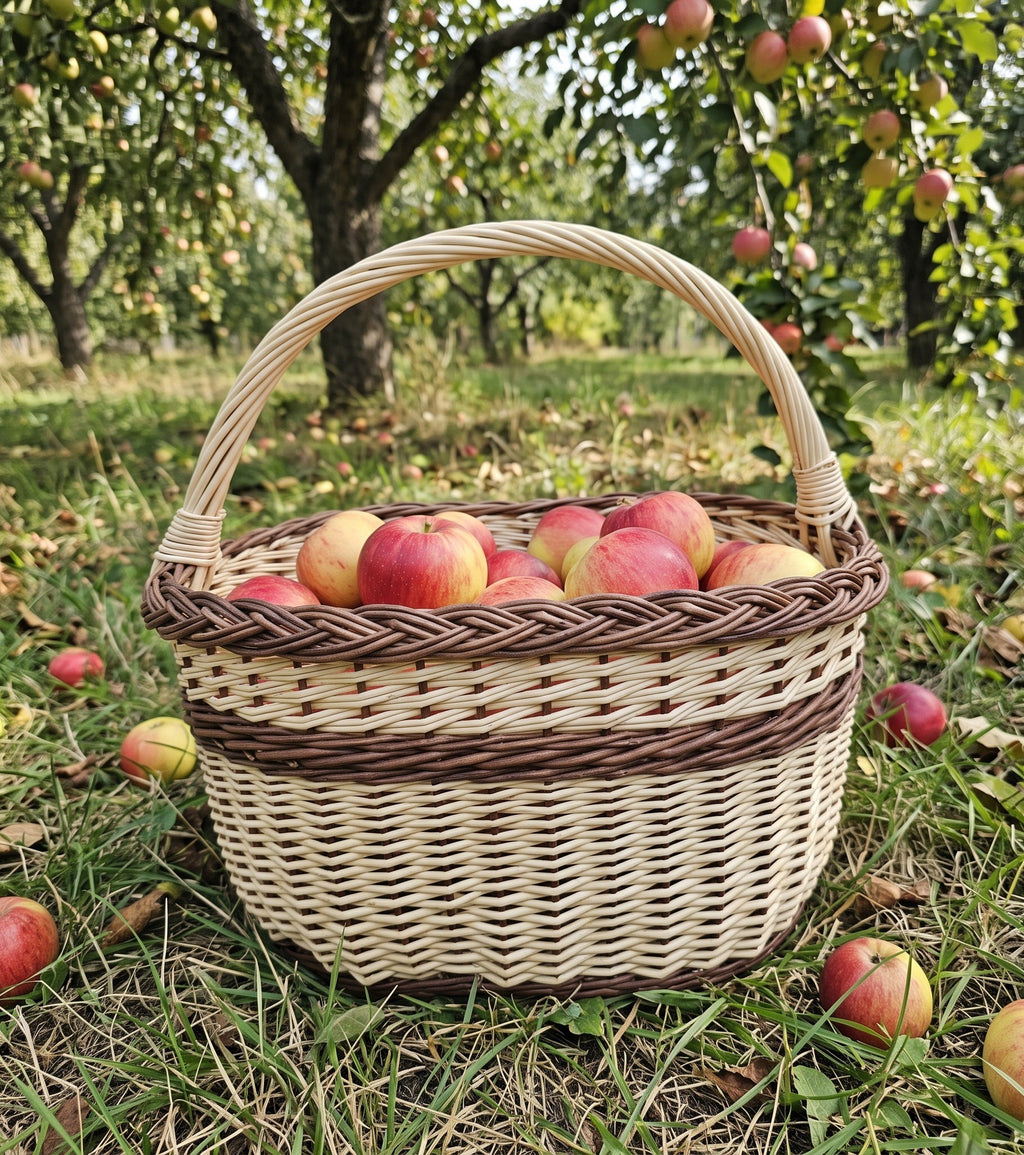 Apple harvest basket with braided rim and banded weave filled with red apples on the grass of an orchard with fallen fruit around it.