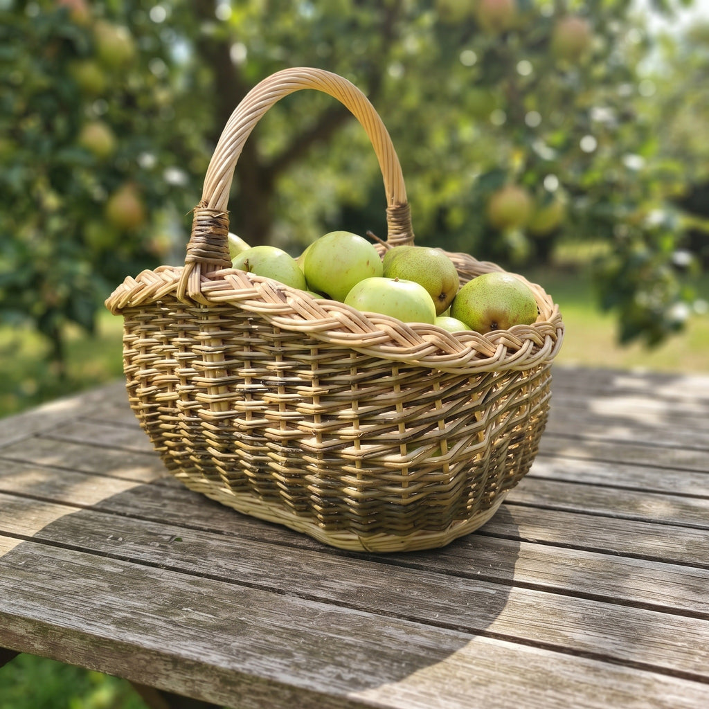 Small wicker basket with a braided rim and handle filled with green apples on a wooden table in an apple orchard