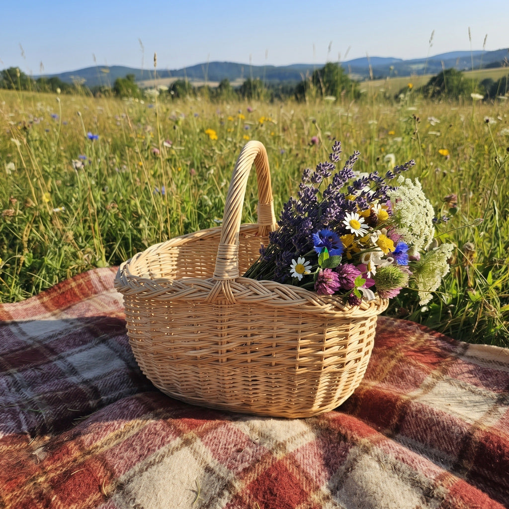 Small wicker picnic basket with handle holding a bouquet of meadow wildflowers on a plaid blanket in a summer field