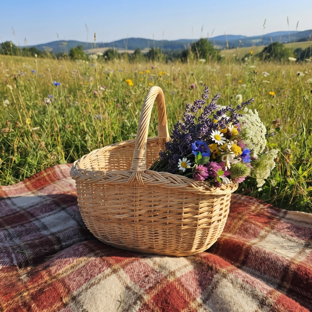 Small wicker picnic basket with handle holding a bouquet of meadow wildflowers on a plaid blanket in a summer field