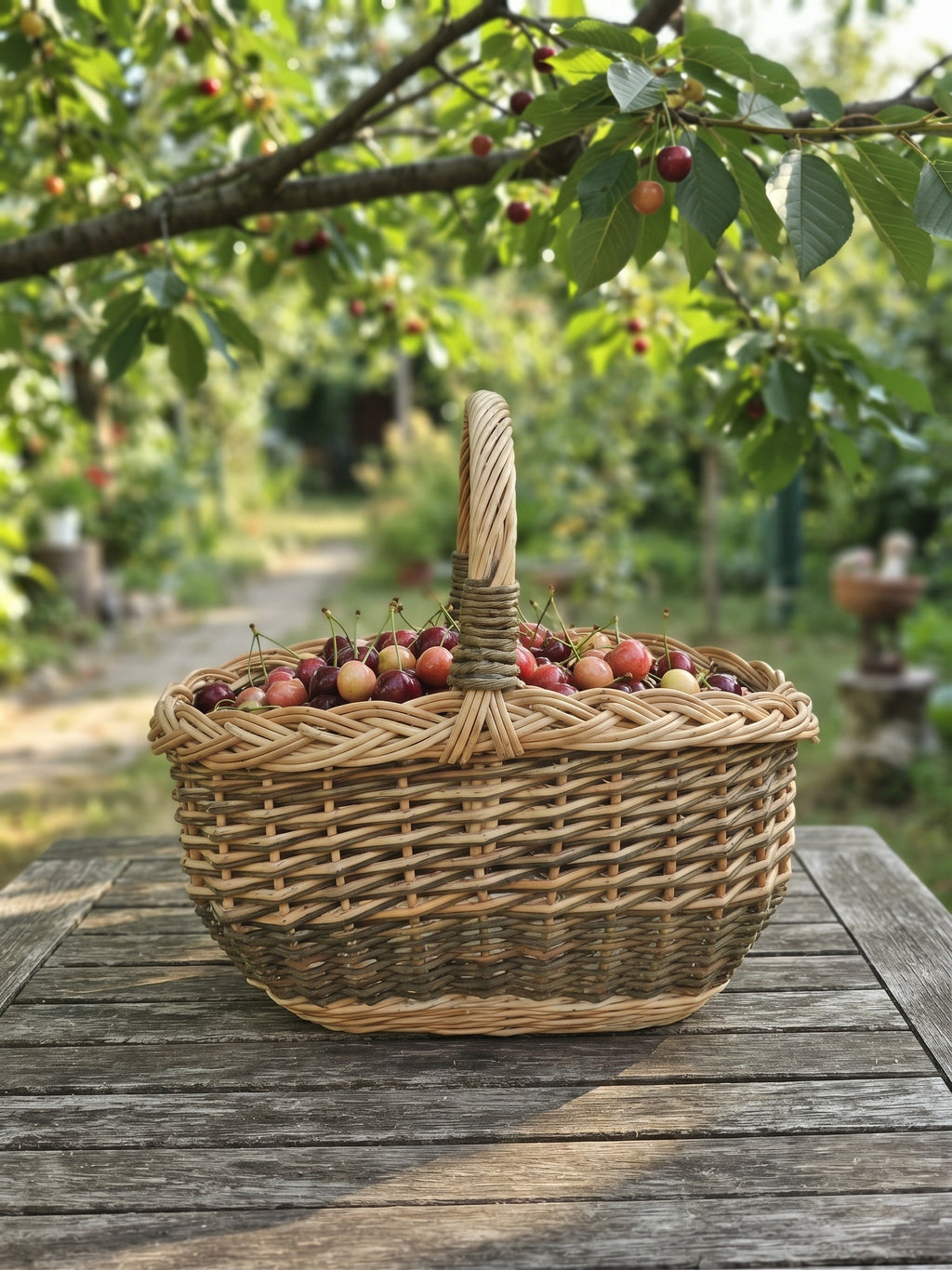 Small handwoven willow fruit basket full of fresh cherries on a weathered garden table under a cherry tree